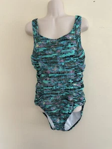 Speedo Women's Shirred Princess Aqua Purple & Black One Piece Swimsuit Size 16 - Picture 1 of 7