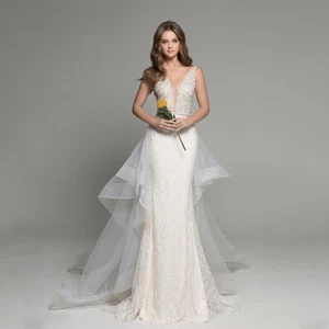 Abiti da sposa sexy a sirena scollo a V staccabile treno pizzo applique abiti da sposa - Foto 1 di 8