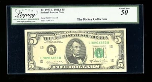 DBR 1981-A $5 FRN San Francisco Fr. 1977-L Legacy AU-50 Serial L38916853B - Picture 1 of 2