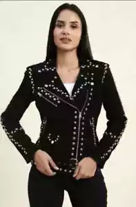 Women Traditional Western Native American Suede Leather Studded Fringed Jacket - Picture 1 of 4