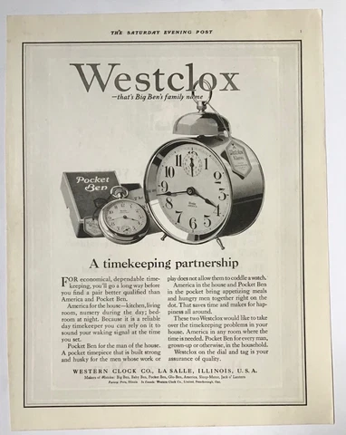 1921 magazine ad for Westclox - Pocket Big Ben, America alarm clock Cover