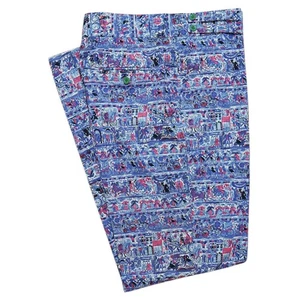 Mens 34 Gurkha Pants Blue Pink Art Print Cotton Trousers Flat Front Straight Fit - Picture 1 of 8