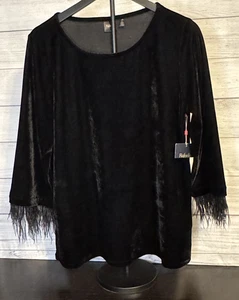 Rafaella Black Velour ¾ Sleeve Fringe Top Women’s L NWT Elegant Holiday - Picture 1 of 7