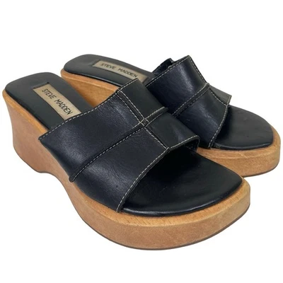 Vintage Steve Madden Black Chunky Wood Platform Wedge Mules Sandals 7 Y2K 90s - Image 1 of 4