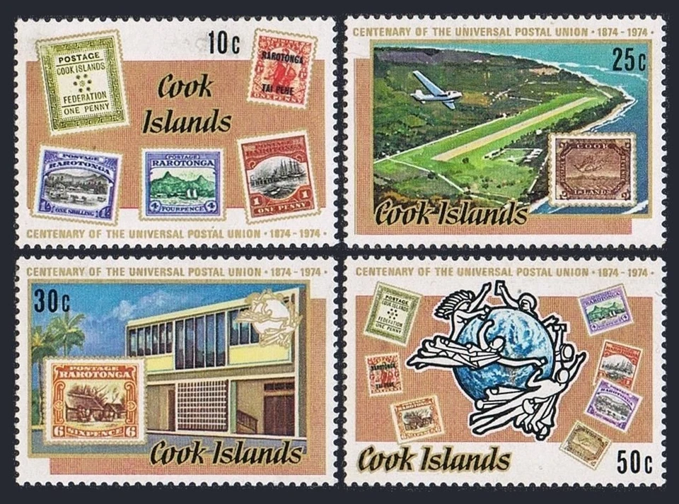 Cook Isls 408-411, MNH. Michel 424-427. UPU-100, 1974. Stamp on stamp. - Image 1 of 1