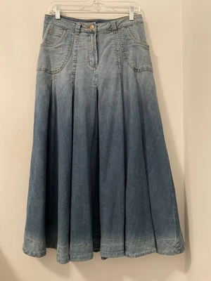 Maxi Falda Denim Ombre Azul Largo Envolventes Suave Acampanada Pliegues Bolsillos Pequeña Foto 1 de 4