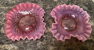VTG. 2 Pc. Fenton Pink Cranberry Ruffled Opalescent Hobnail Glass Candy Dishes • 26.99$