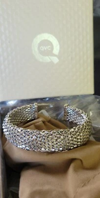 QVC Bronze Italy Bold Woven Mesh Cuff Bangle Bracelet M  Size Silver Tone MINT  - Image 1 of 4