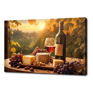 Vintage Red Wine Bottle Grapes Cheese Kitchen Decor Canvas Print Wall Art - Picture 1 of 10