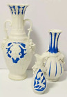 Antique Vases X 3   Bennington Pottery Parian Ware   White And Blue   19Th Century