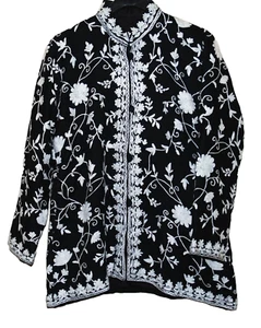 Embroidered Coat, Short Woolen Jacket Blazer, White on Black Size Chart - Picture 1 of 3