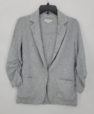Max Studio Jacket Womens Small Blue Ivory Stripe Linen Ruched Sleeve Nautical - Image 1 of 4