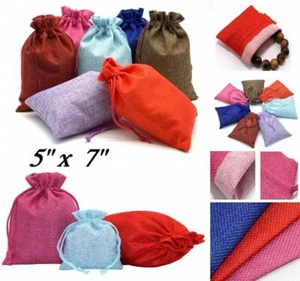 "Bolsas de regalo de arpillera 7 piezas, bolsas de joyería de lino con cordón de 5"" x 7" - Imagen 1 de 17
