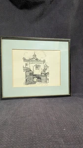 Vintage PLUMILLA, Arco de la iglesia de Sto. Dgo. Obra de arte enmarcada QUITO COLONIAL - Imagen 1 de 4