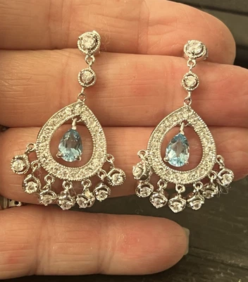 Lovely Sterling 925 Blue Topaz & Cubic Zirconia CZ Chandelier Earrings - Image 1 of 4