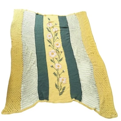 Vintage 70s yellow and green daisy floral stripe crochet knit blanket - Image 1 of 2