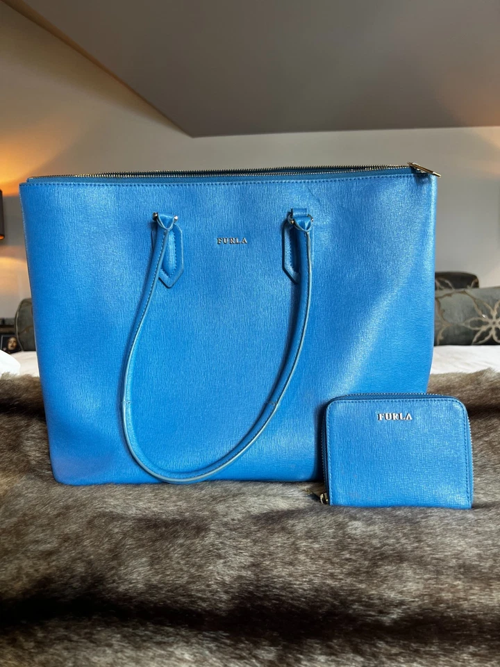 Cornflower blue spacious leather Furla Tote and matching purse with zipper. - Image 1 of 3