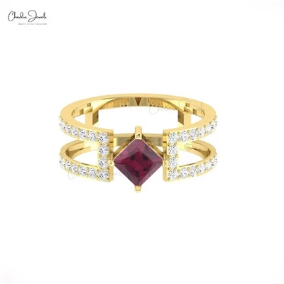 Diamond Split Shank Parallel Ring 5mm Square Rhodolite Garnet 14k Gold Jewelry - Image 1 of 4