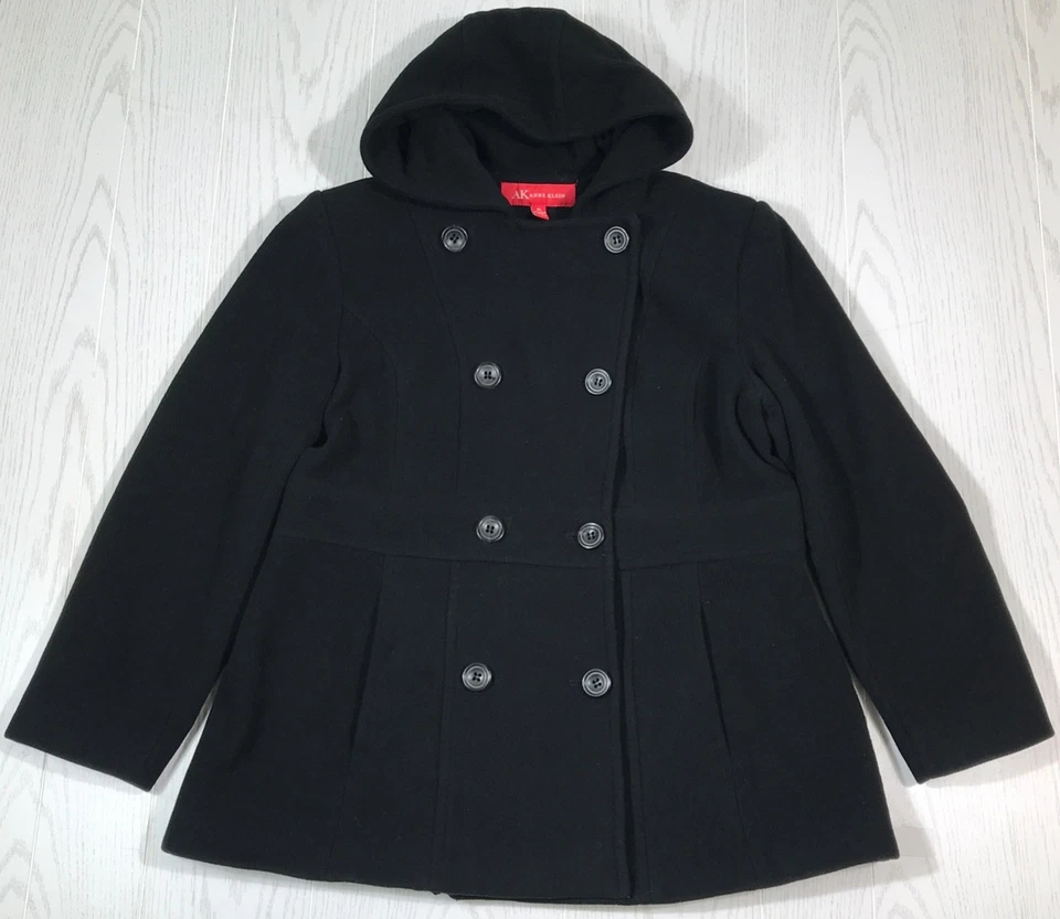 Abrigo Anne Klein Mezcla Lana Guisante Mujer XL Negro Doble Pecho Con Capucha Invierno Otoño Foto 1 de 4