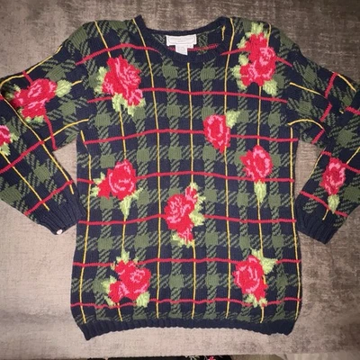 Suéter Tejido Vintage Rosas Cuadros Abuela Suéter Azul Marino 2X Adrienne Vittadini Años 80’s Foto 1 de 4