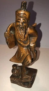 Antique Asian Hand Carved Wooden Man With Fish And Basket. Solid Wood - Picture 1 of 12