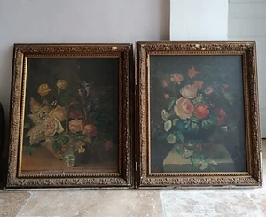 Paar Gemälde Öle Leinwand 19ème Stillleben Aux Blumen - Bild 1 von 24