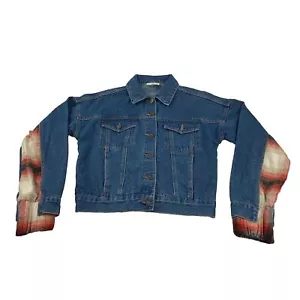 BKE Jacket Women Sz XS Relaxed Jean and plaid flannel Boho Trucker outdoor Blue - Picture 1 of 15