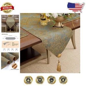 Modern Blue Gold Damask Jacquard Table Runner - Elegant 13x108 inch Decoration - Picture 1 of 9