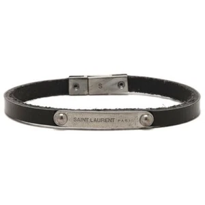 PULSERA PLACA IDENTIFICACIÓN SAN LAURENT PARIS Brazalete Cuero Negro Talla S NUEVO - Imagen 1 de 5