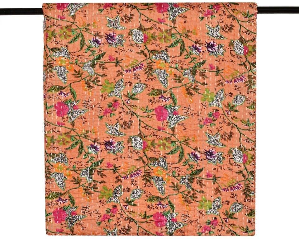 Индийское покрывало Kantha Quilt хлопковое одеяло персиковый цвет покрывало хиппи гудари - Изображение 1 из 4