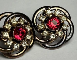 Vintage Earrings 1920's Red Clear Rhinestones Stunning Gold Tone Brass Screwback - Picture 1 of 13