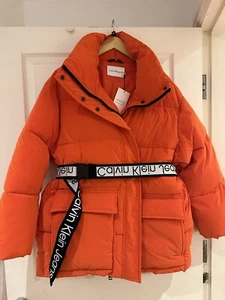 Calvin klein Ladies Black Relaxed Belted Soft Touch Shining Puffer Coat Size M - Picture 1 of 11