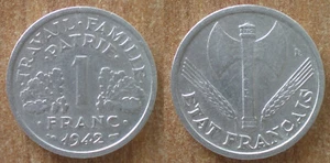 France 1 Franc 1943 Francisque Petain Vichy State Aluminium Coin Free Ship World - Picture 1 of 3