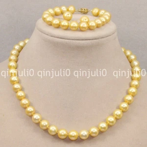 Collana bracciale orecchini perle acqua dolce coltivate gialle gialle naturali 9-10mm 18" - Foto 1 di 6