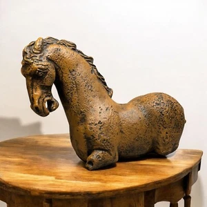 Vintage Rustic Brown Bitossi-Style Sitting Horse Statue Heavy Decor Piece 18" L - Picture 1 of 14