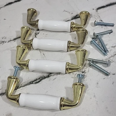 Vintage Drawer Pull Handles White Porcelain Gold-Tone Lot Of 4 With Hardware - Image 1 of 4
