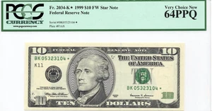 1999 Ten $10 Dollar Federal Reserve Star Note ~ PCGS 64 PPQ ~ Fr.2034-K* - Picture 1 of 2