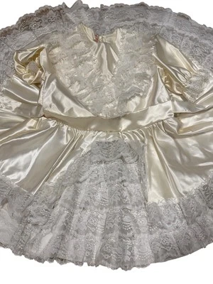 VTG Pageant Party Lace Ruffle Full Circle DRESS SZ 8 Ivory Satin Layer I54 Flaw - Image 1 of 4