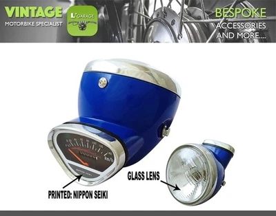 HONDA CD70 CD125 CD175 CA175 HEAD LIGHT 6" LAMP+SPEEDOMETER+ BUCKET CASE *BLUE* - Image 1 of 4