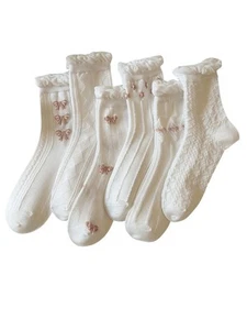 Women's 5 Pairs Bow Lace Ruffled Ankle Socks White and Pink 36-39 - Picture 1 of 4