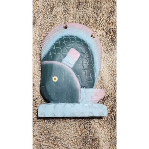 Retro Wood Carved Fish Sculpture or Decor Green and Pink - Picture 1 of 6