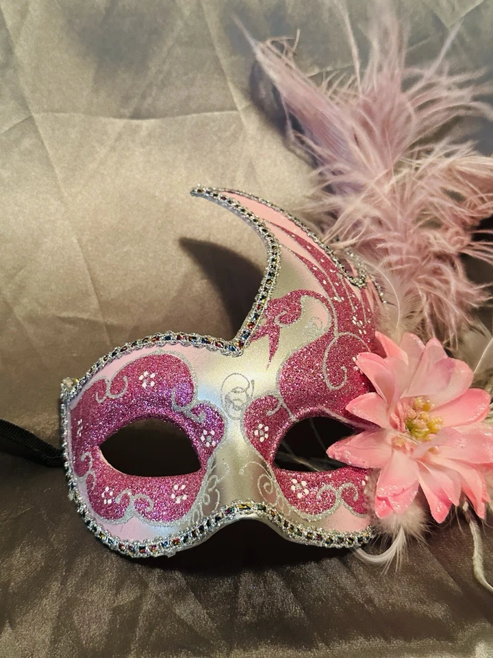 Pink Masquerade Mask With Feathers And A Flower - Image 1 of 3