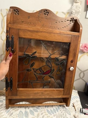 vintage wooden wall Spice Cabinet With Glass Door Designed With Flowers/duck - Image 1 of 4