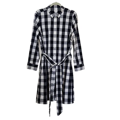 J Crew Shirt Dress Women 12 Navy Blue Check Buttonup Belt Pockets Stretch Preppy - Image 1 of 4
