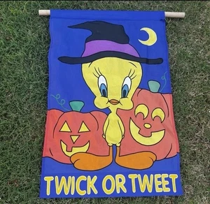 Vtg Halloween Tweety Bird Flag Porch Yard Double Sided Garden Banner 42” - Picture 1 of 7
