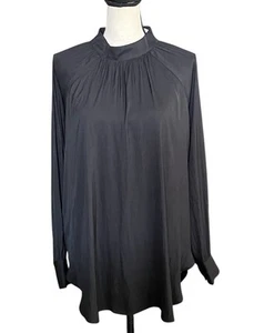 LOFT Georgette Long Sleeve Blouse Medium Black Mock Neck Flowy Tunic Career - Picture 1 of 8