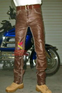 Mens Leather Jeans Pants Trouser 5 Pockets Cowhide Brown Breeches BLUF Levis 501 - Picture 1 of 7