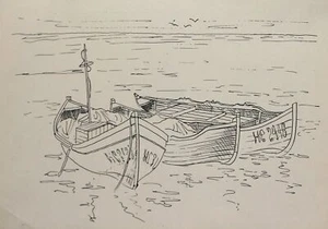 Vintage Druck Boote an der Meereslandschaft festgemacht - Bild 1 von 9