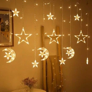 LED Moon Star Fairy String Curtain Lights EID Hanging Icicle Lamps Party Decor - Picture 1 of 12