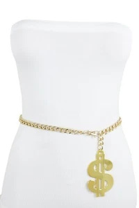 Women Gold Metal Chain Dollar Money $ Charm Gangster Fashion Belt Size XL XXL - Picture 1 of 12